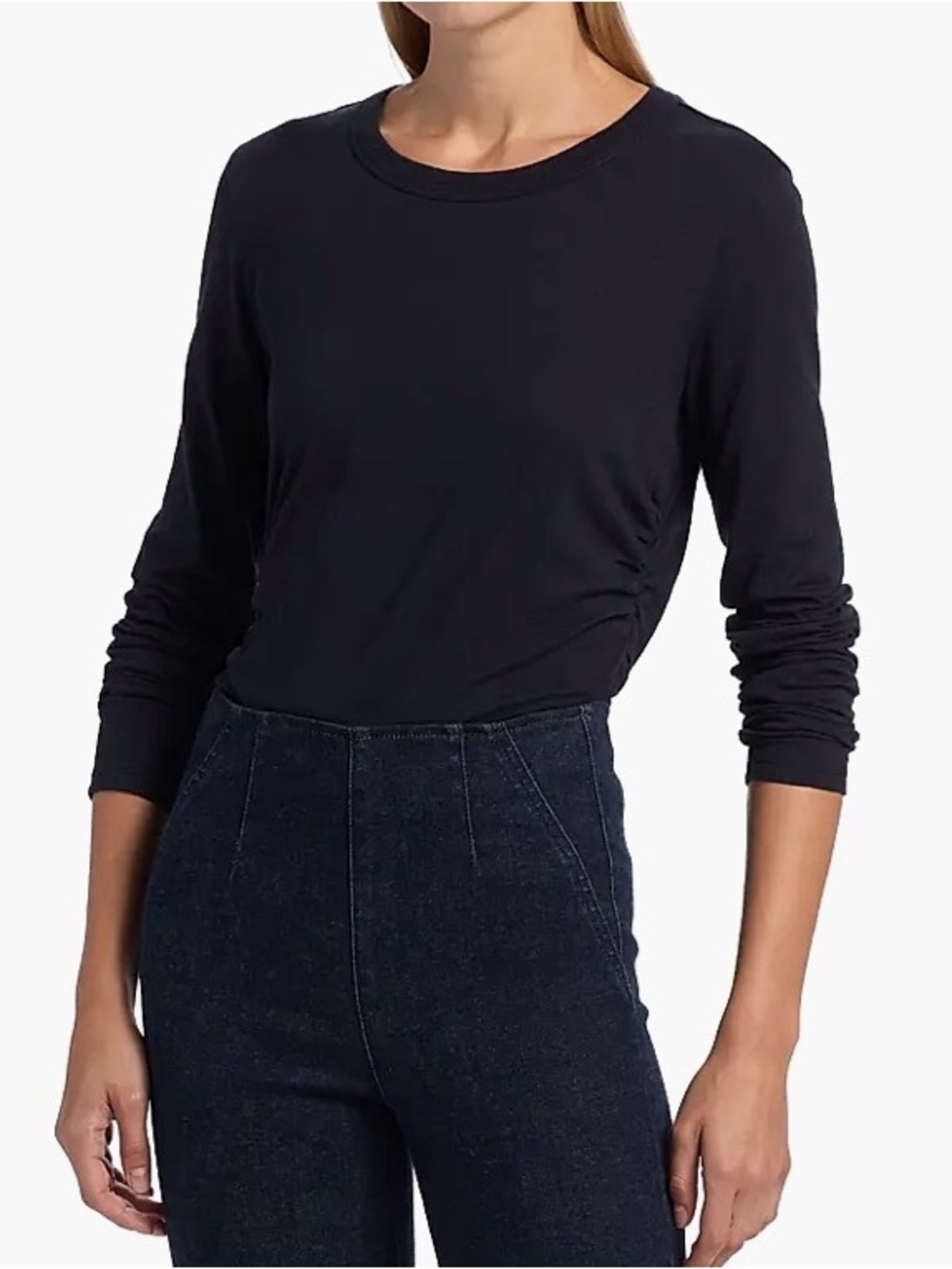 Veronica Beard Kisha Pima Cotton Ruched Long Sleeve Tee Black L